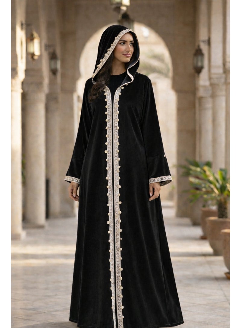 قفطان/عباية رمضانية نسائية من المخمل بغطاء رأس مع حواف دانتيل، روب/عباية بأكمام طويلة. - Image 1